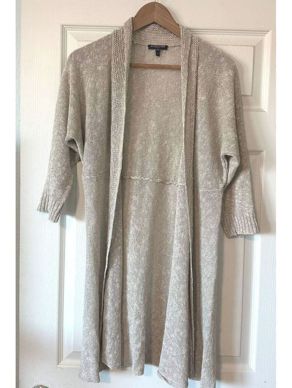 Eileen Fisher Petite PL Linen Cotton Long Open Front Cardigan Oatmeal Duster